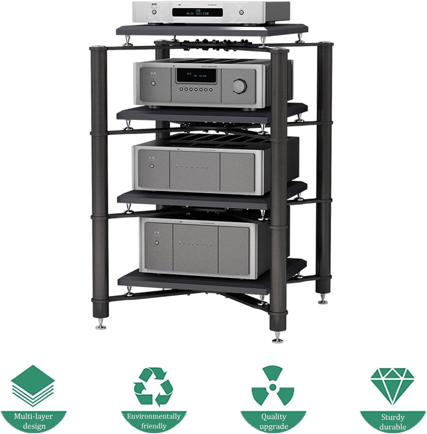 Modern Audio Video Stand, 2-Tier Media Storage Cabinet, Corner Shelf Entertainment Center, Metal Frame with Shock-Absorbing Nails, Silver Finish, 70x70x50CM