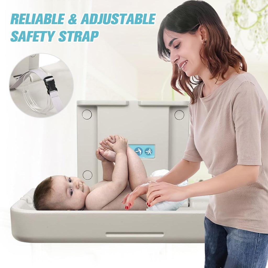 Wall Mounted Baby Changing Station, Horizontal Fold-Down Diaper Changing Table with Safety Strap, HDPE Surface, Dual Bag Hooks & Built-in Liner Dispensers for Commercial Restrooms (White Granite)