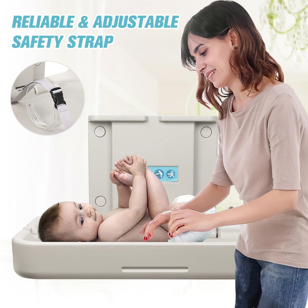 Wall Mounted Baby Changing Station, Horizontal Fold-Down Diaper Changing Table with Safety Strap, HDPE Surface, Dual Bag Hooks & Built-in Liner Dispensers for Commercial Restrooms (White Granite)