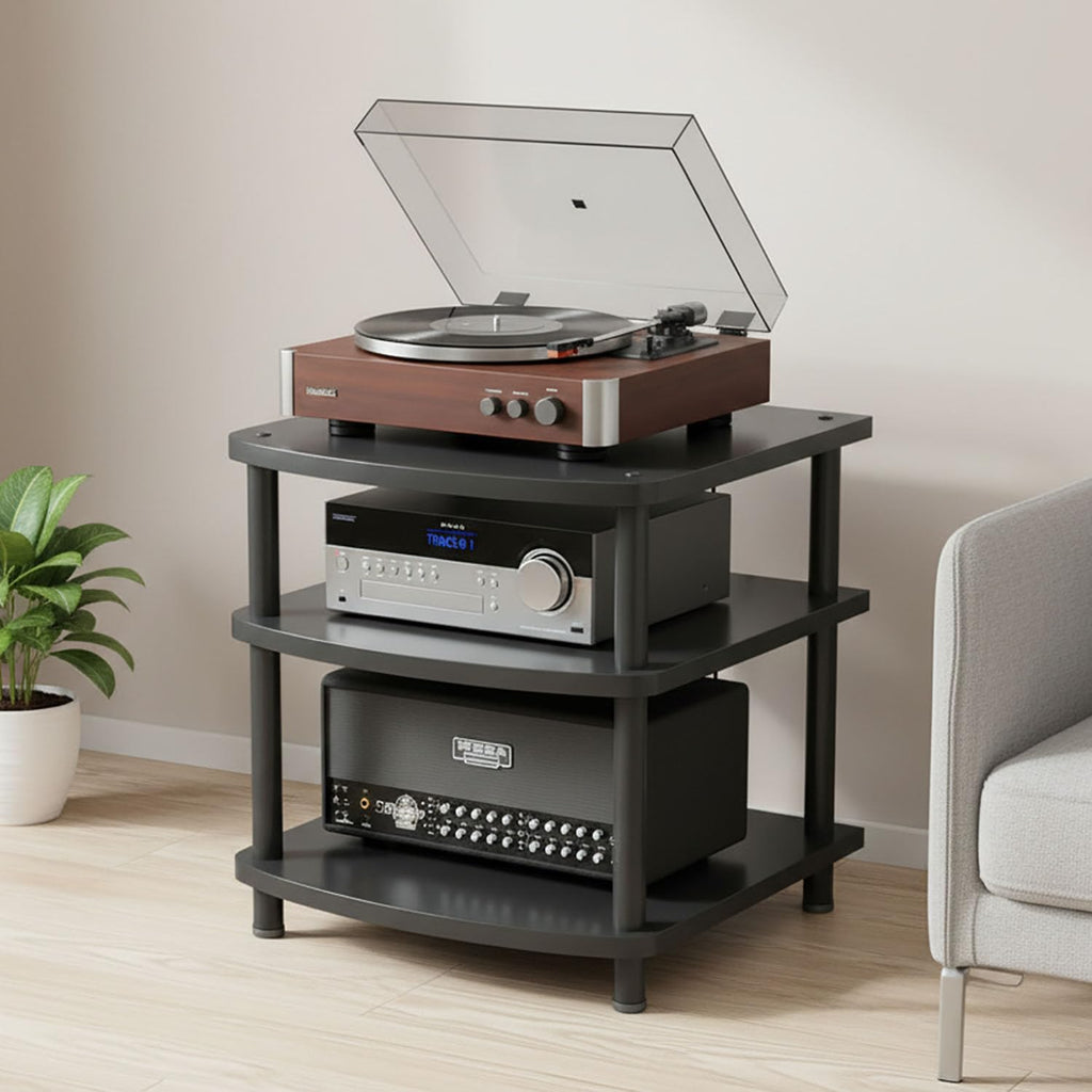 3 Tier AV Media Stand, Audio Rack Tower Adjustable Height, TV Game Console Equipment Shelf, CD Record Player Stereo Component Rack Cabinet for Home Theater Studio (Black)