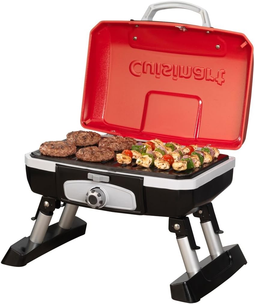 Cuisinart Petite Gourmet Portable Gas Grill, Compact Portable Grill Propane, 150 Sq. In. Cooking Surface, 5,500 BTU Burner Small Gas Grills for Camping, BBQ, Folding Legs and Carry Handles, Red