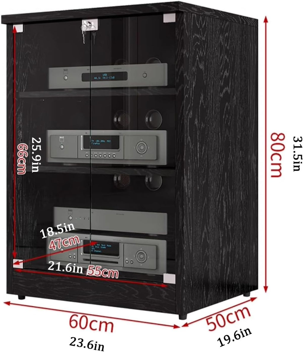 Modern Stereo Cabinet, 3-Tier Media Stand with Glass Doors, Adjustable Shelves, Cable Management, AV Storage Rack for TV, Black Wood Finish (120x48x54cm)