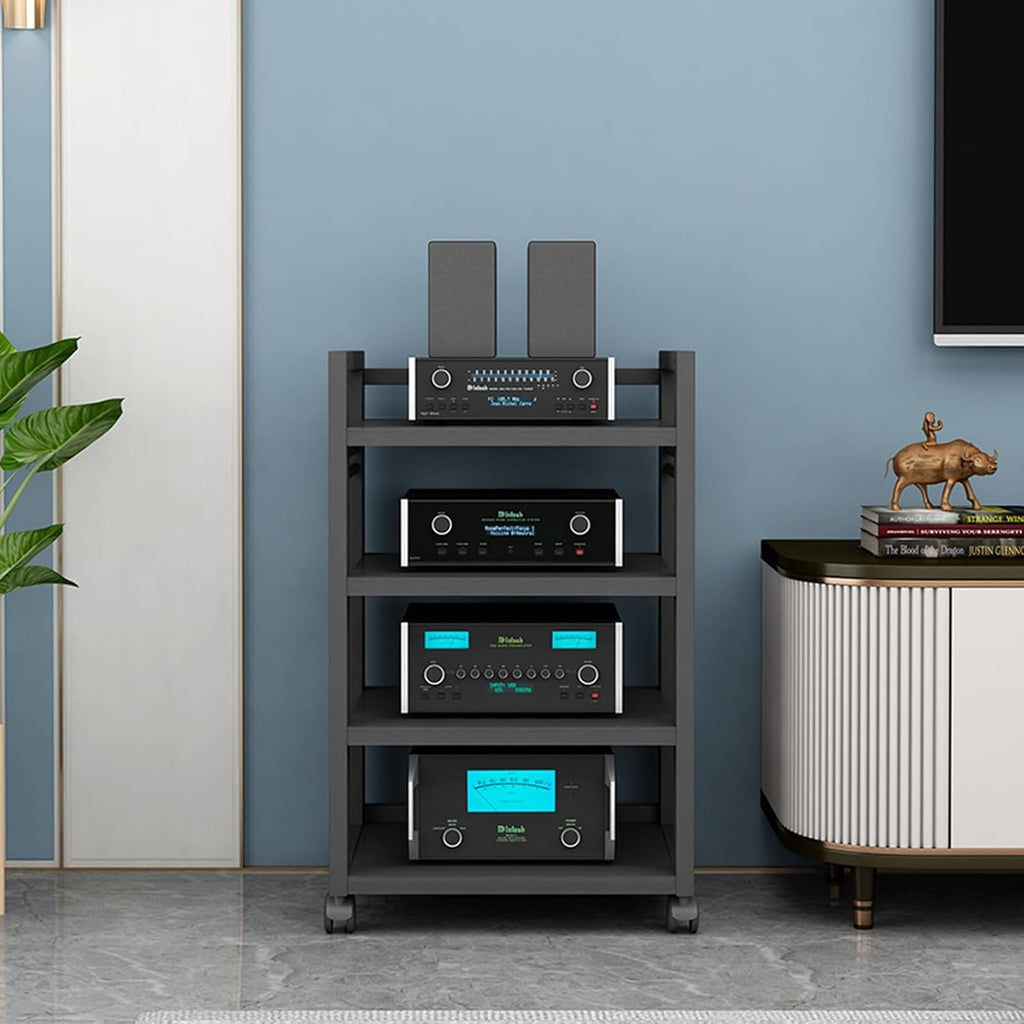 Open 4-Tier Media Stand Audio Video Component Cabinet DVD CD Player Stand Stereo Power Amplifier Equipment Storage Rack with Height Adjustable Wooden Shelf for Home/Office/Theater (Color : F)