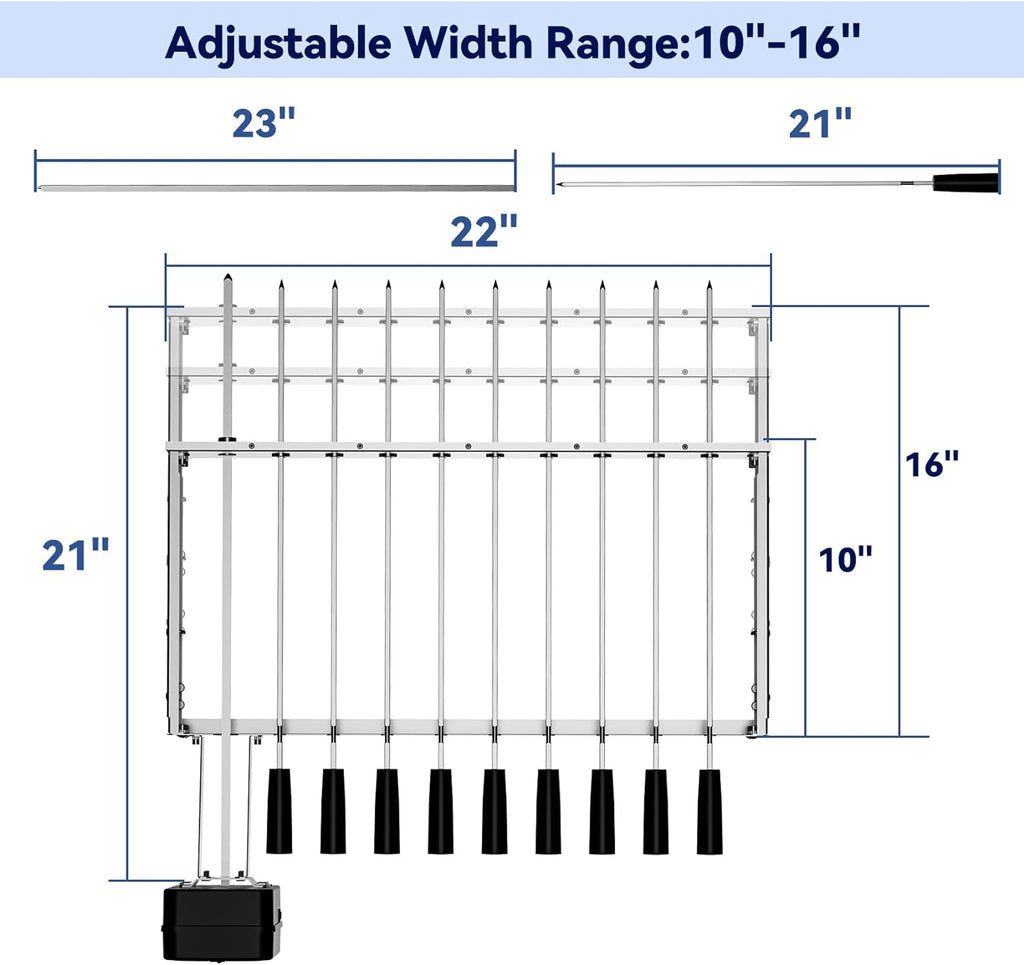 Skyflame Stainless Steel Electric Barbecue Shish Kabob Skewer Set with 9pcs Skewers, Automatic Rotating Skewer Turner with Adjustable Speed Motor and Adjustable Length Rotisserie BBQ Grill Rack