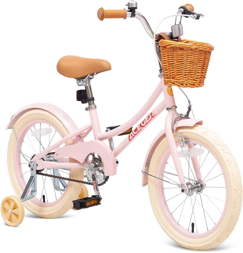 ACEGER Retro Princess Kids Bike with Basket for 3-12 Years Old Girls, Included Coaster Brake & Caliper Brake, 14 16 18 Inch with Training Wheels, 20 Inch with Kickstand, Vintage Bicycle for Gifts.