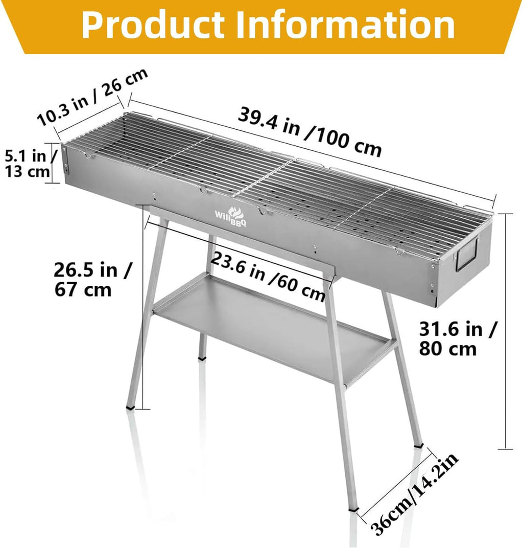 WILLBBQ Charcoal Grill Tailgate Parties, Patio, Beach Barbecues, Backyard Gatherings,Alloy Steel BBQ Barbecue Outdoor Grilling with Durable Support Frame and Dual Adjustable Vents (39.4x10.3x5.1 inch)