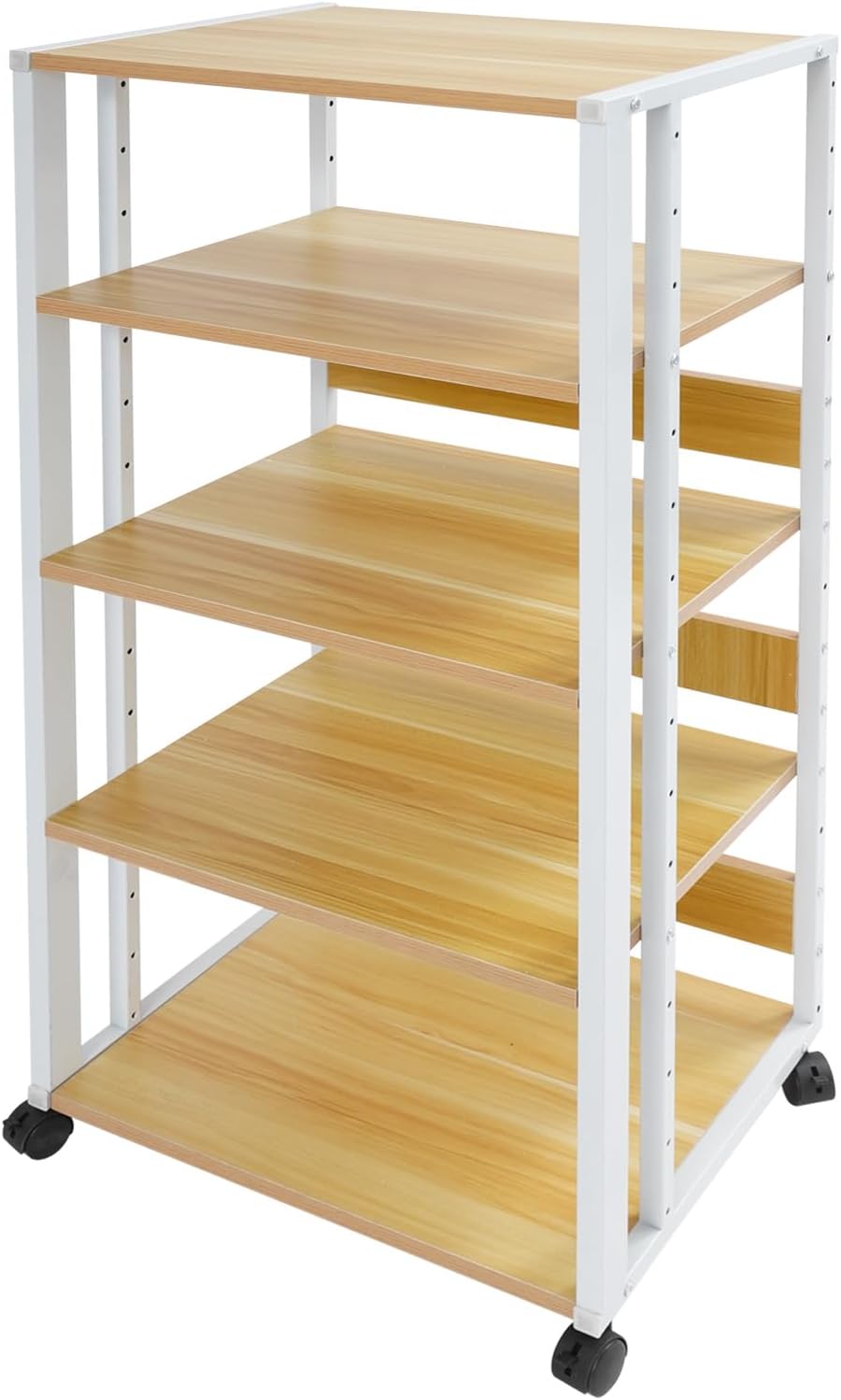 5-Tier Media Stand, Audio Rack Tower Stereo Cabinet with Wheels, CD Record Player Stand Speaker Display Rack with Adjustable Wooden Shelf for Home Theater Studio (White & Wood Color)