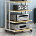 5-Tier Mobile Audio Stand with Wheels - Rolling HiFi Rack for Stereo Components & Av Equipment Storage Adjustable Height Durable Design for Home & Studio Use-White+Walnut-4 Tier
