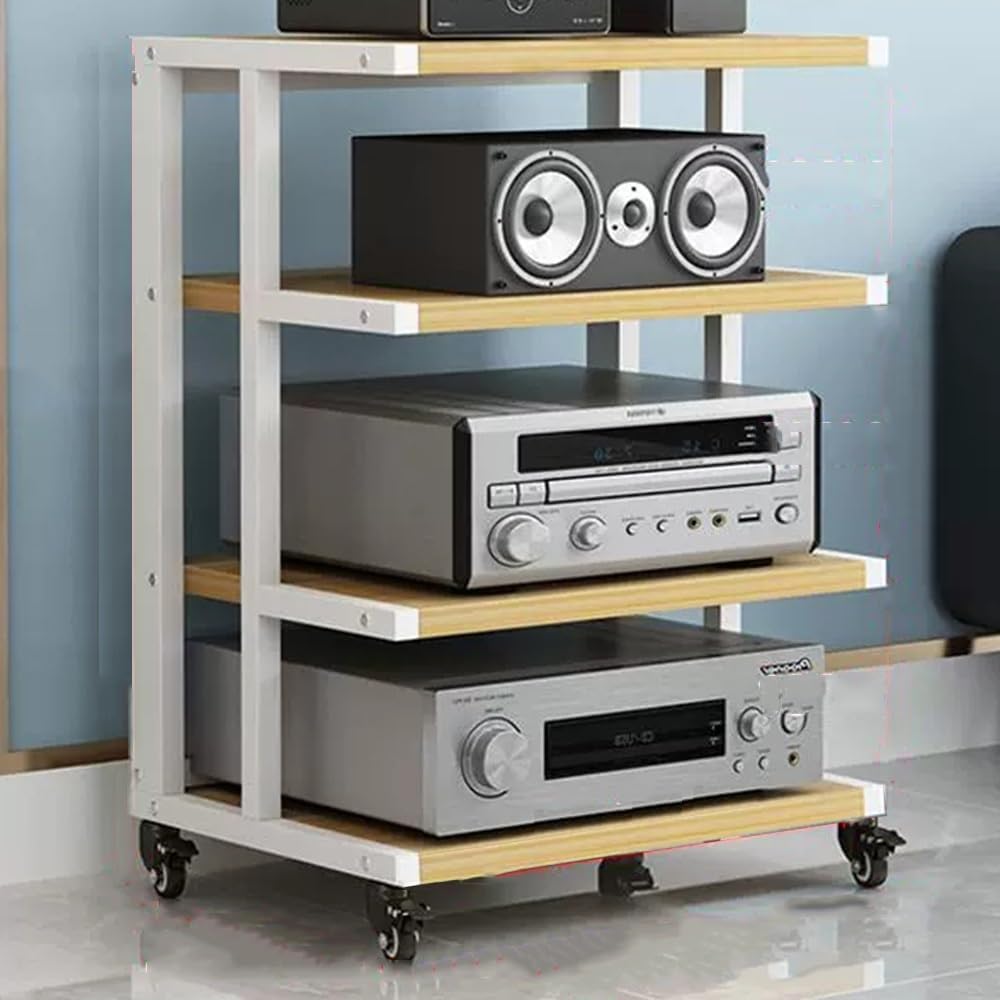 5-Tier Mobile Audio Stand with Wheels - Rolling HiFi Rack for Stereo Components & Av Equipment Storage Adjustable Height Durable Design for Home & Studio Use-White+Walnut-4 Tier