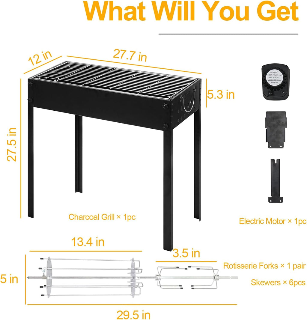 BESTHLS Barbecue Charcoal Grill with Electric Rotisserie Meat Forks & 6-Piece Skewer Set for Outdoor Cooking Camping Hiking Picnics Tailgating Backpacking or Any Outdoor Event