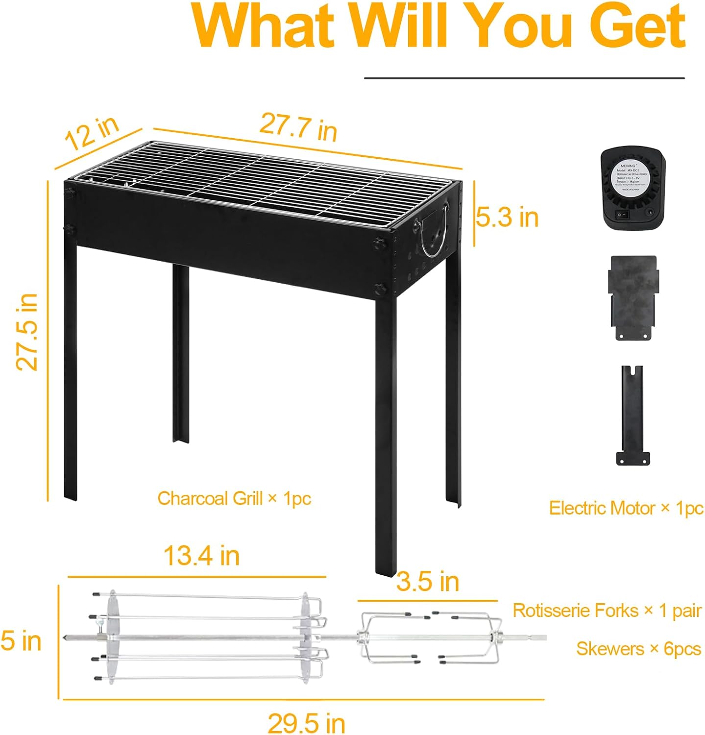 BESTHLS Barbecue Charcoal Grill with Electric Rotisserie Meat Forks & 6-Piece Skewer Set for Outdoor Cooking Camping Hiking Picnics Tailgating Backpacking or Any Outdoor Event