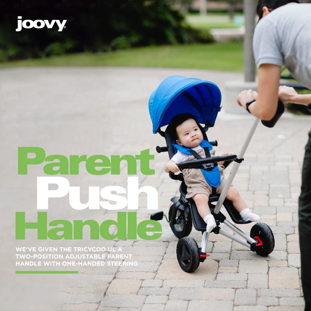 Joovy Tricycoo UL Kids Tricycle with 8 Stages Featuring 3 Rubber Tires, Removable and Adjustable Parent Handle, Safety Harness, 3-Position Recline Seat, and Retractable Canopy, Pink Crush