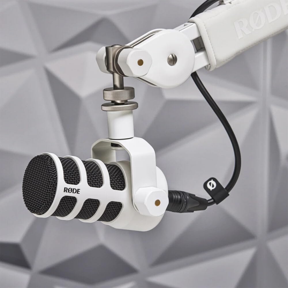 RODE PodMic Dynamic Podcasting Microphone (White) with RODE PSA1+ Professional Studio Arm (White) and XLR Cable