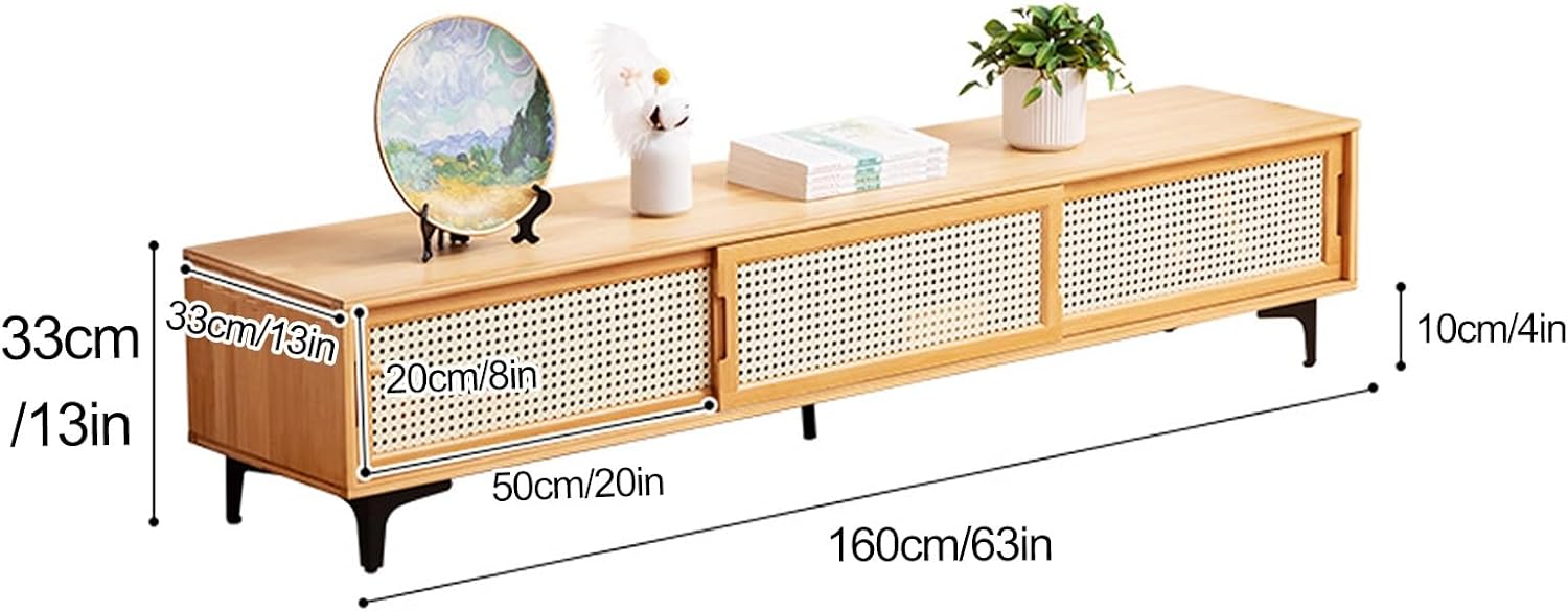 Bamboo TV Stand with Sliding Door, Storage Low Cabinet, Home Audio and Video Entertainment Equipment Control Center, for 32-65 Inch TVs (Color : Natural, Size : 160CM/63IN_Three Doors)
