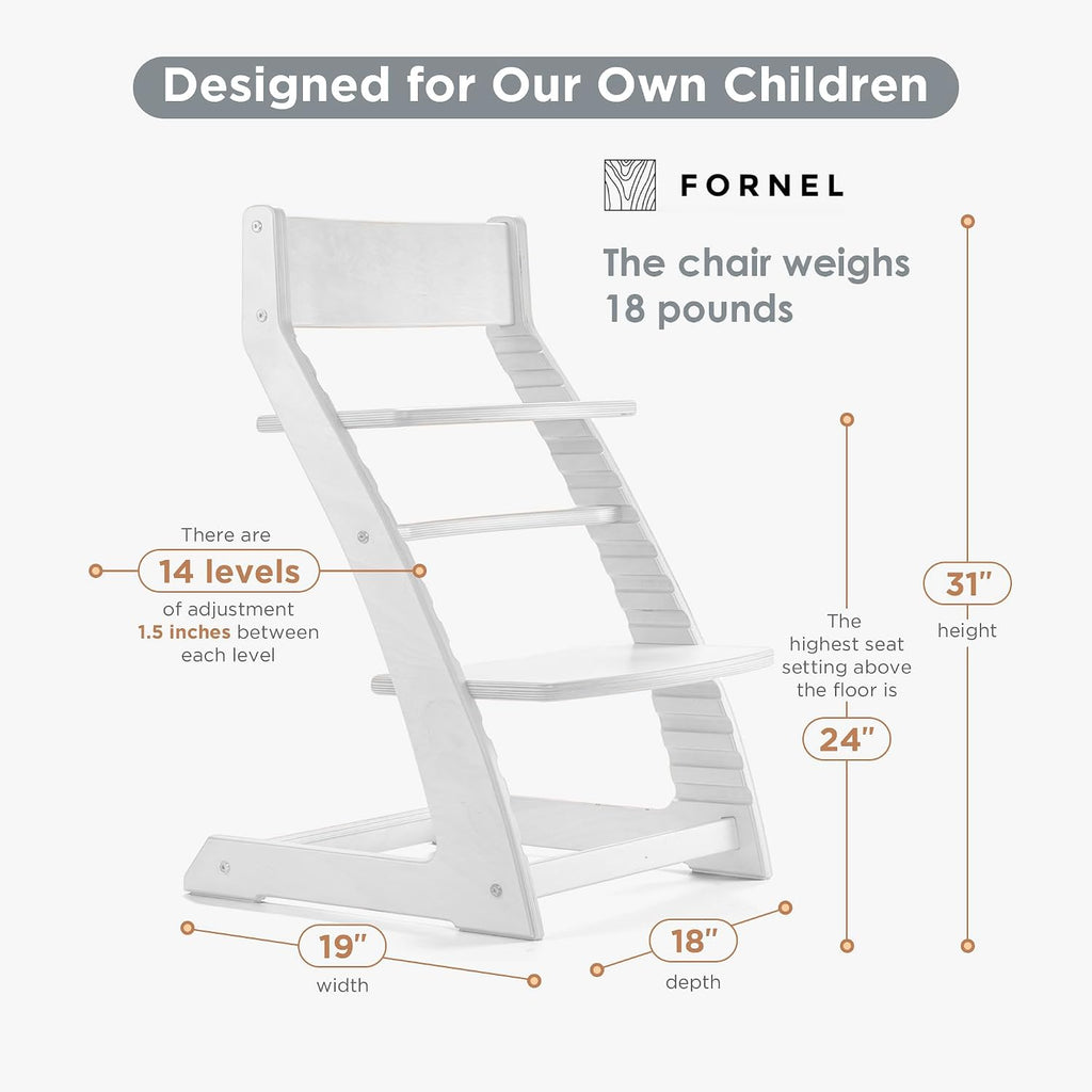 FORNEL Modern White Wooden High Chair | The Forever Chair that Grows from Toddler to Adult (200 lb) | Sleek, Easy-to-Clean Scandinavian Design