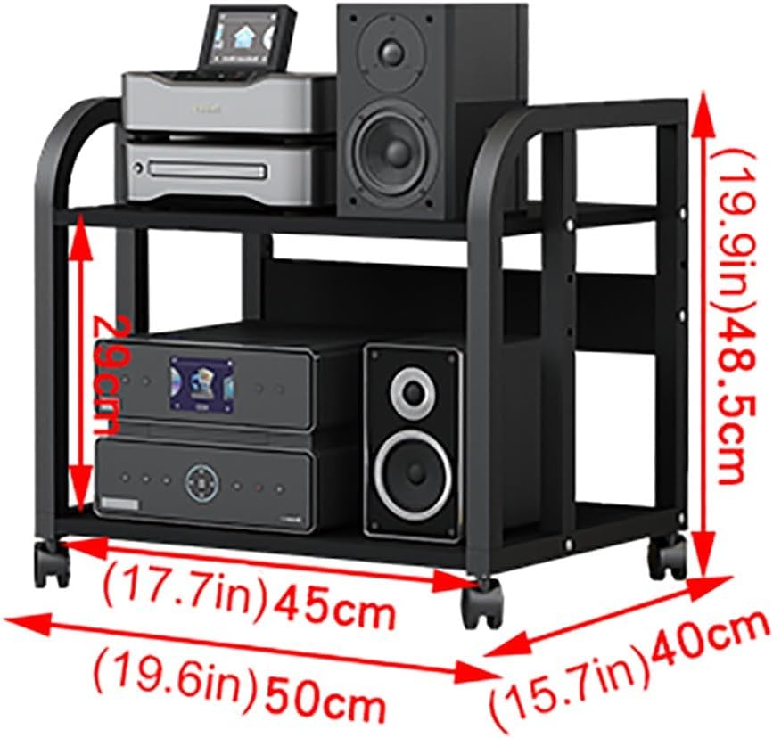 XingLi 3/4/5-Tier Audio Equipment Rolling Cart Rack，Large Stereo Black Storage Cabinet - Office Bedroom Living Room AV Media Shelf(Size:2 Tier-H48.5cm)