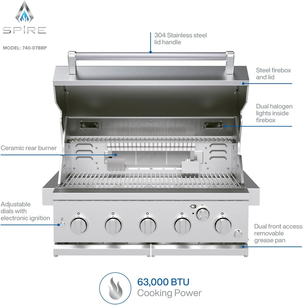 Spire Premium 5 Burner Built In Gas Grill Island Head, Stainless Steel 30 Inch Propane Grill with Rear Burner, 63,000 BTUs, 750 SQ In Racks, Dual Fuel Compatibility - 740-0788P