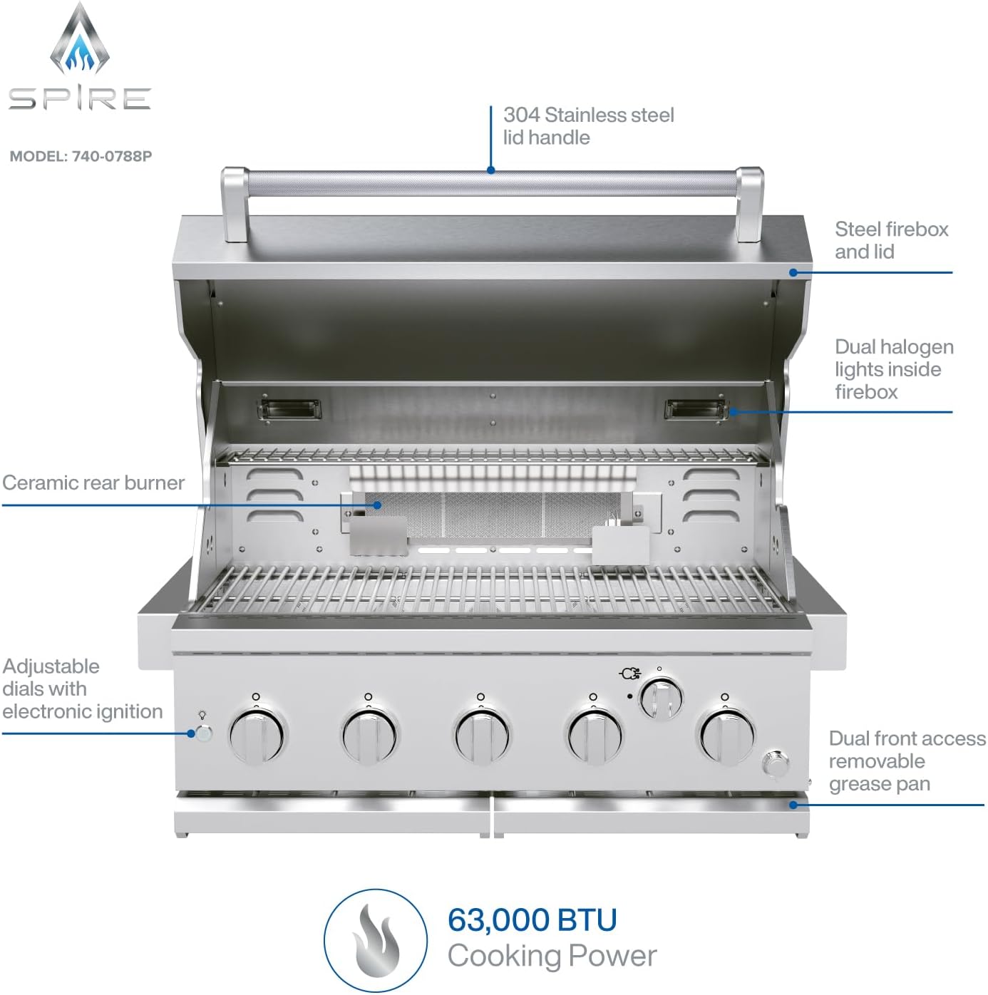 Spire Premium 5 Burner Built In Gas Grill Island Head, Stainless Steel 30 Inch Propane Grill with Rear Burner, 63,000 BTUs, 750 SQ In Racks, Dual Fuel Compatibility - 740-0788P
