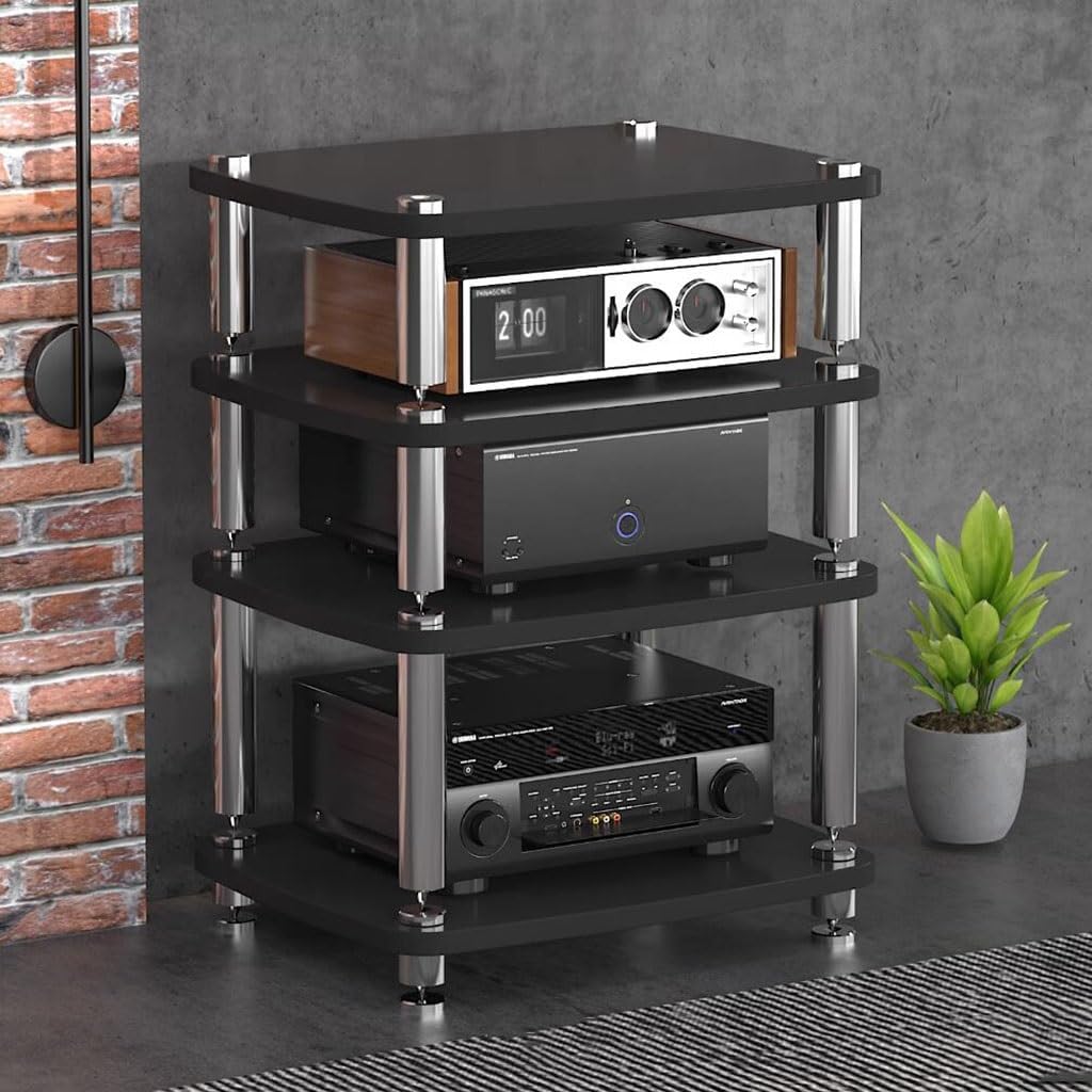 1/2/3/4-layer HiFi Audio Cabinet HiFi Stand Record Player MDF Stand Audio Rack with Shock-Absorbing Feet Power Amplifier Shelf Equipment Cabinet (Color : Black, Size : 60 * 48 * 76cm(4Tier))