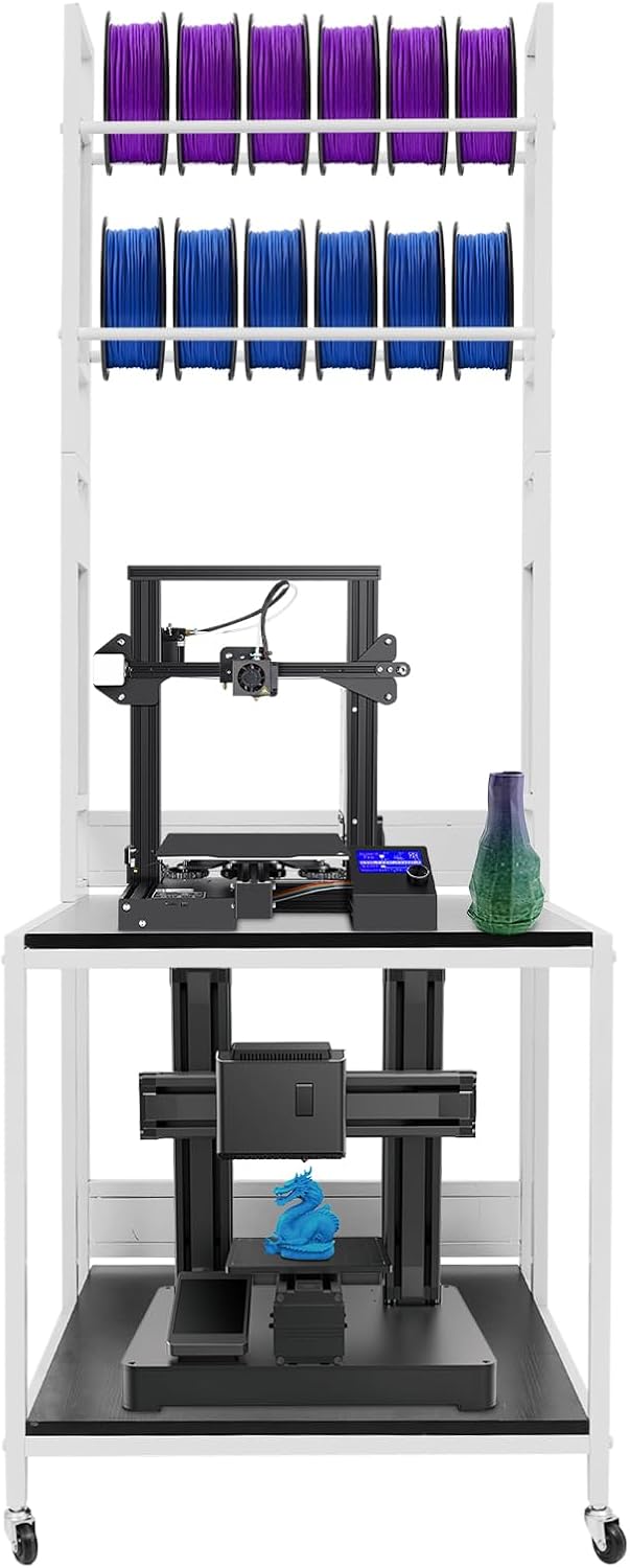 3D Printer Table, Heavy Duty 3D Printer Desk with Filaments Storage Back Panels Wheels Large Printers Stand for Studio Office Living Room Garage (White)