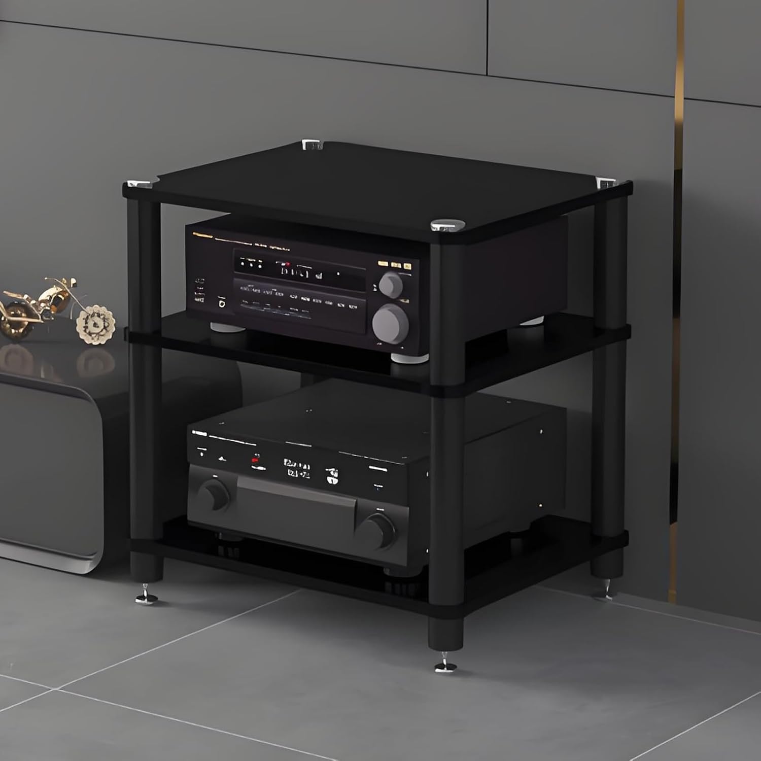 Media Storage Cabinet, Audio Video, Multi-Function Open Storage TV Stand, with Shock-Absorbing Feet Power Amplifier Shelf Equipment Cabinet for Living Room(Black,23.6'x18.8'x23.2')