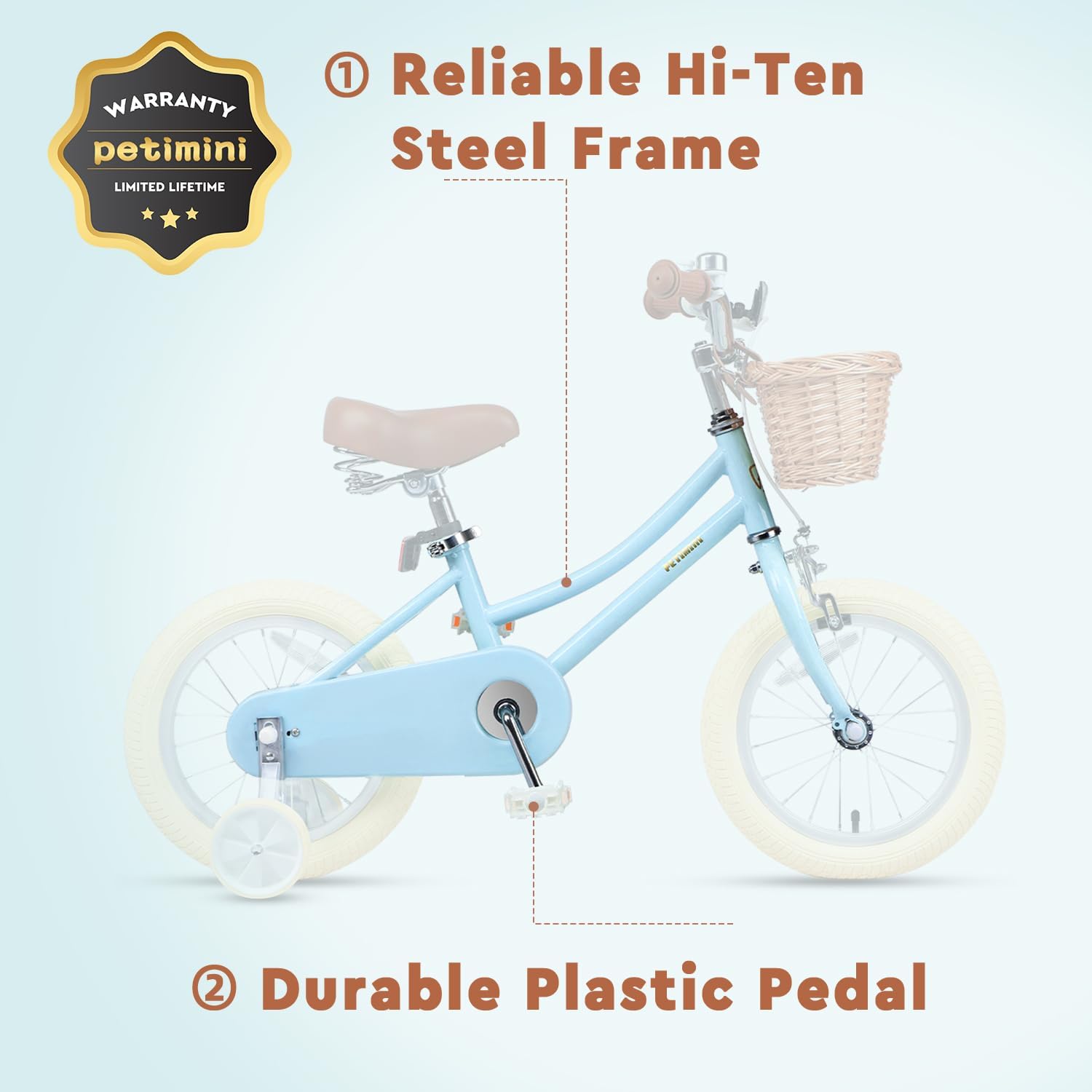 Petimini Vintage Kids Bike for Girls, 12–20 Inch Classic Bicycle with Wicker Basket & Bell, High Tensile Steel Frame, Training Wheels (12–18'), 85% Pre-Assembled, Retro Bike for Outdoor Riding