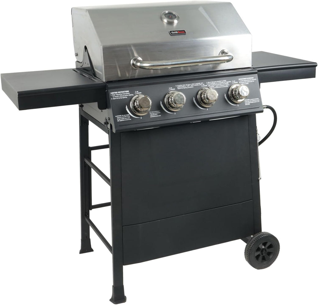 Grill Boss 4-Burner Outdoor Propane Gas Grill with Side Shelves, Stainless Steel Lid, Push Ignition, Warming Rack, Wheels, Black