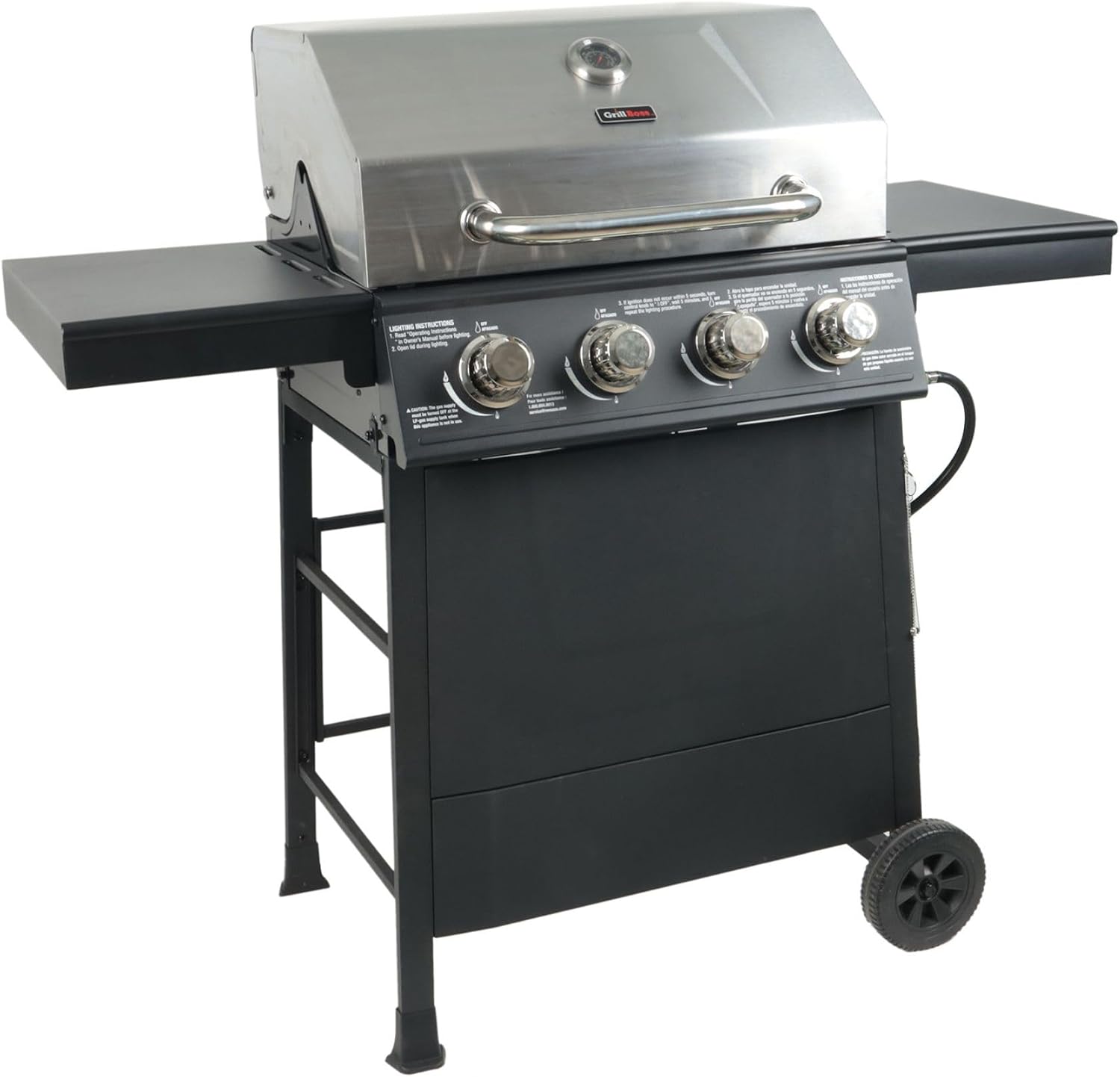 Grill Boss 4-Burner Outdoor Propane Gas Grill with Side Shelves, Stainless Steel Lid, Push Ignition, Warming Rack, Wheels, Black