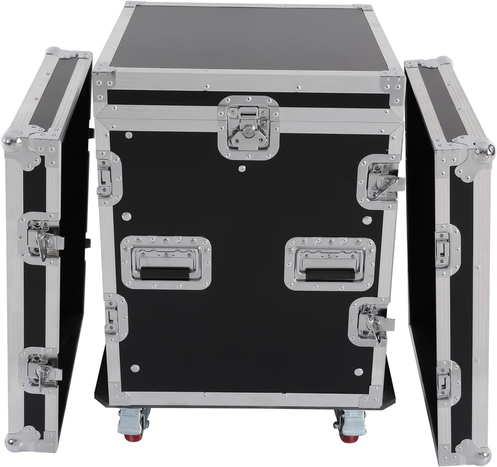 14U PA DJ Rack/Road ATA Case, Network & Stereo Rack with Slant Mixer Tops, Heavy-Duty DJ Work Table Rolling Studio Equipment Cabinet, Amplifier Mixer Storage Stand for Pro Tour Grade, Live Sound