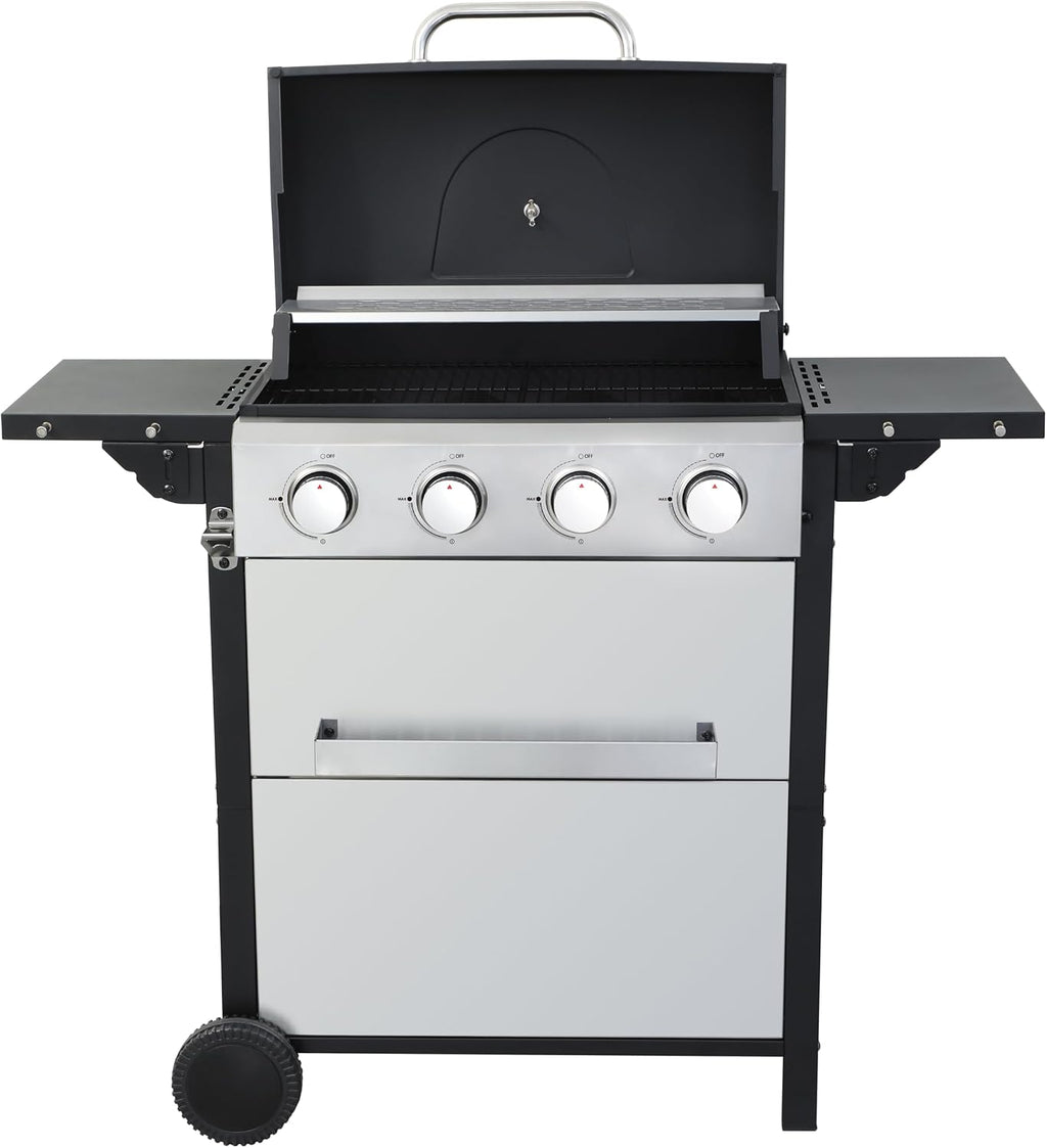 4-Burner Propane Gas BBQ Grill, 34200BTU Output With Wire Enamel Cooking Grids For Outdoor Barbecue, Foldable Side Table, Hanging Basket, Stainless Steel