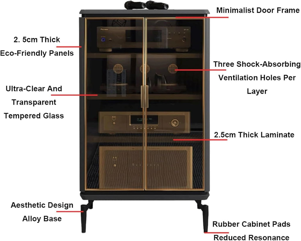 Audio Rack 4 Tier Stereo Rack Audio Equipment Rack Metal Audio Rack Cabinet AV Cabinet Durable with Tempered Glass Doors Strong(Grey,60x45x95cm)