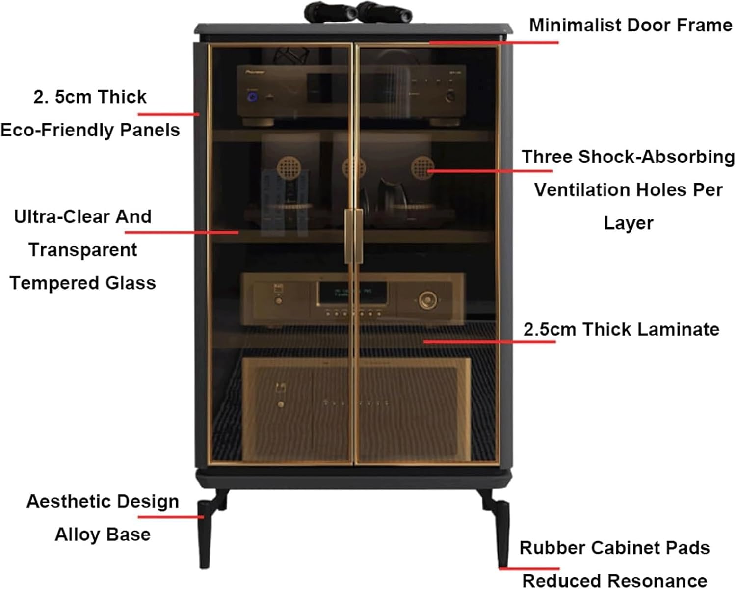 Audio Rack 4 Tier Stereo Rack Audio Equipment Rack Metal Audio Rack Cabinet AV Cabinet Durable with Tempered Glass Doors Strong(Grey,60x45x95cm)