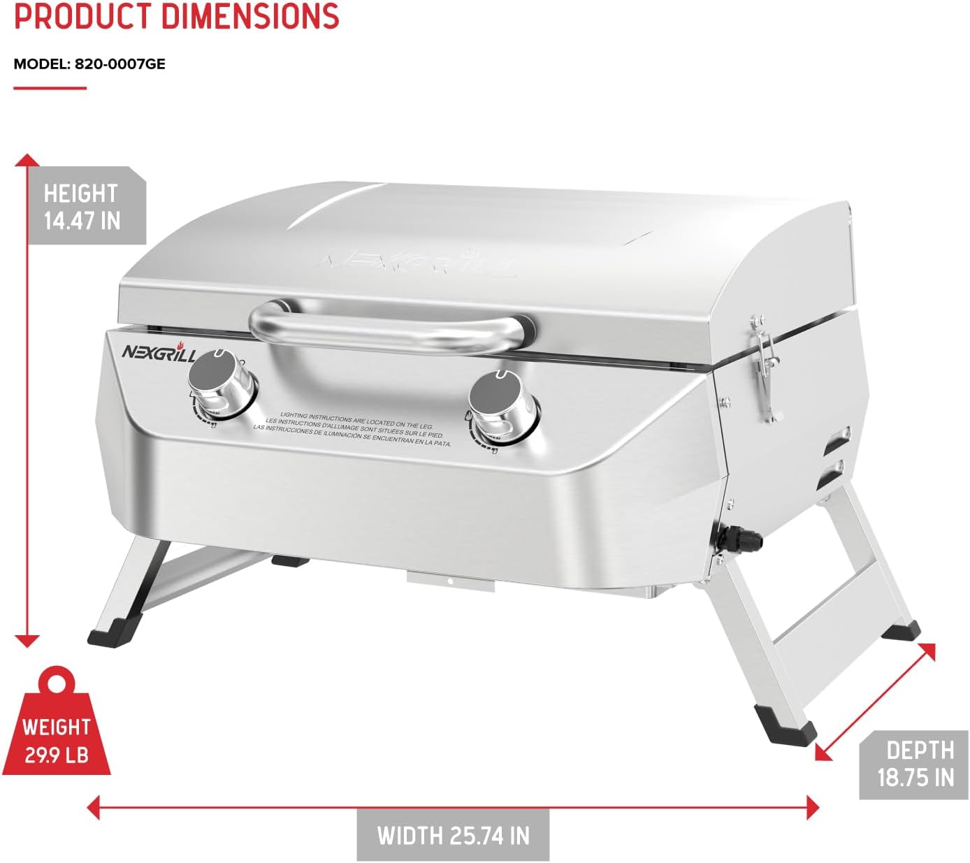 Nexgrill Stainless Steel 2-Burner Portable Gas Grill with Locking Lid, Folding Legs, 20,000 BTUs, 251 SQ In Cooking Space, Tabletop Grill for Camping, Outdoor Cooking, Patios, and More - 820-0007GE