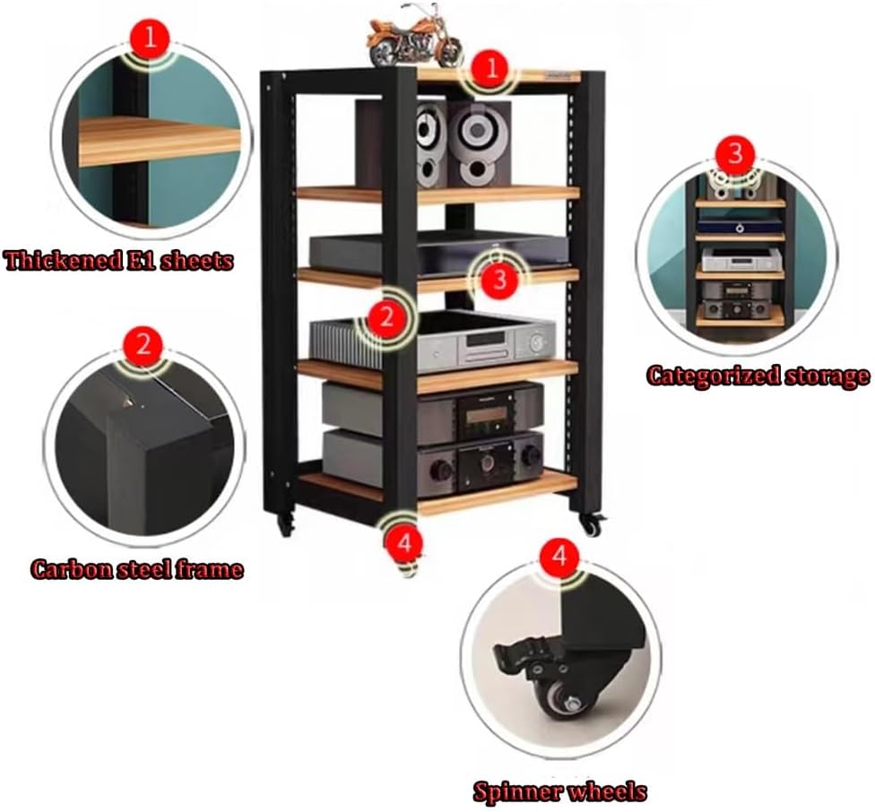 Movable HiFi Audio Rack Adjustable AV Media Components Cabine Stand with Wheels, Heavy Duty Amplifier Storage Cabinet Stereo Shelf Organizer(Teak,3-Tier)