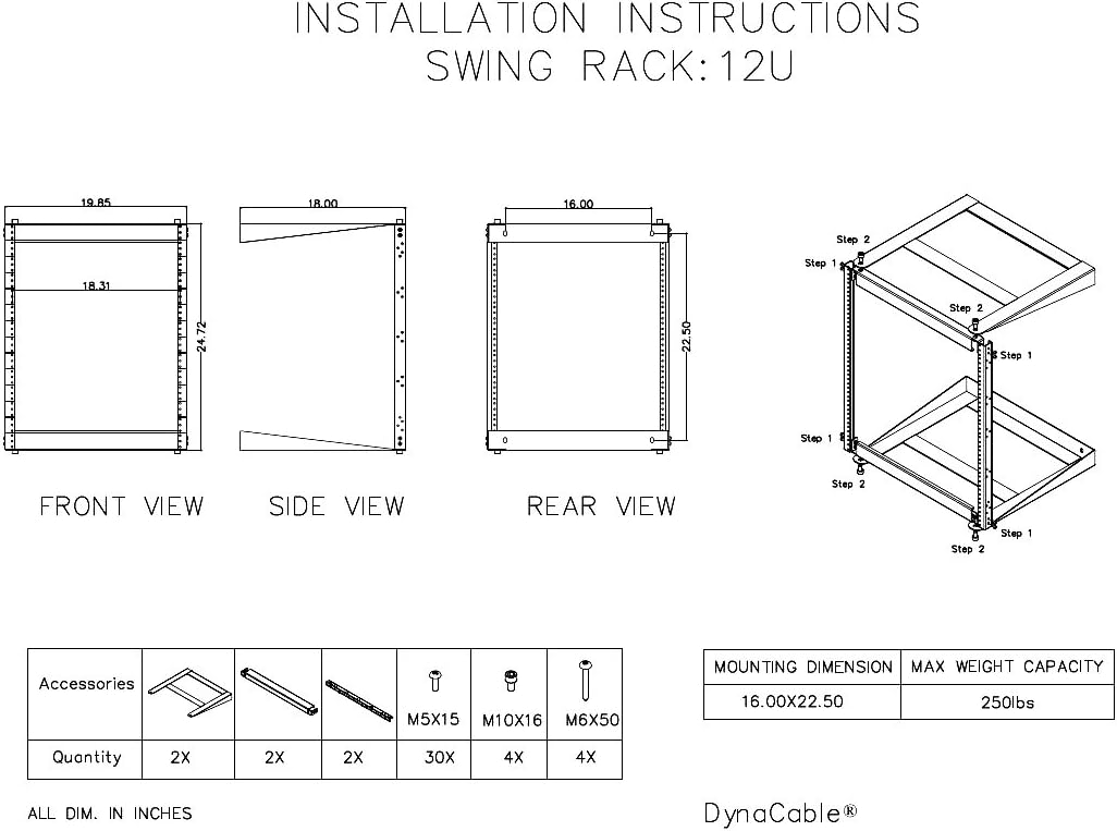 12U Heavy Duty Open Frame Swing Out Wall Mount Rack | 19-inch Network Equipment | 18-inch Depth Tray | Holds Up to 250 lbs | Black (Extensions Not Included)