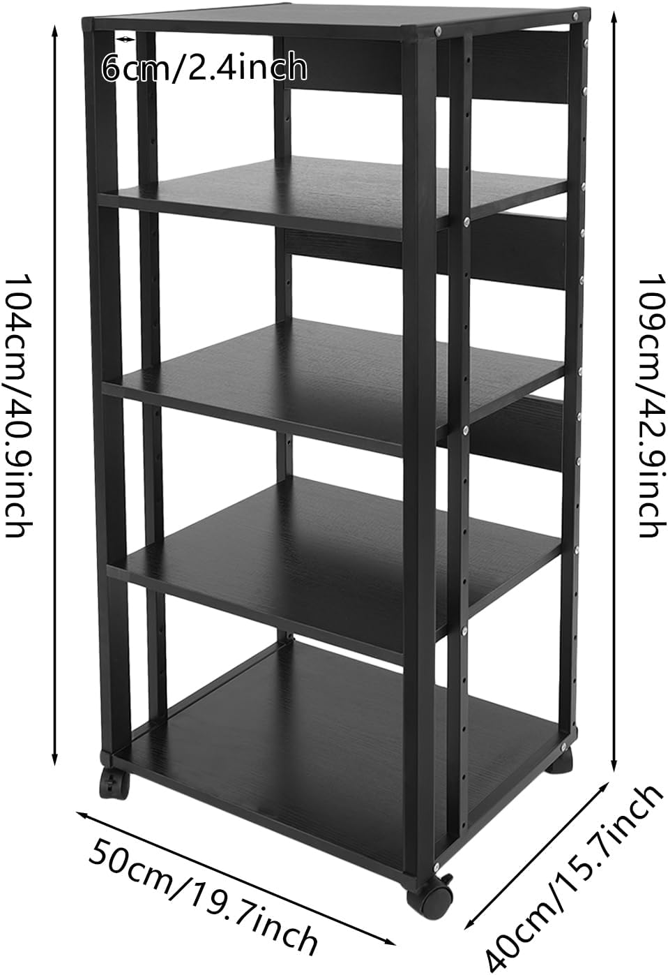 5 Tier Media Stand for Audio/Video, CD & Record Player Storage Cabinet with Lockable Wheels, AV Equipment Display Rack, 110 lbs Capacity, Stylish Black Tower for Living Room