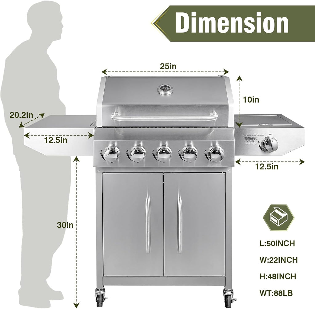 Bestfire 68,000 BTU 5 Burner Propane Gas Grill with Side Burner-Professional-Grade Stainless Steel Outdoor BBQ Grill-647 sq in Cooking Space&Porcelain Cast Iron Grrates-Patio Cart Design for Backyard