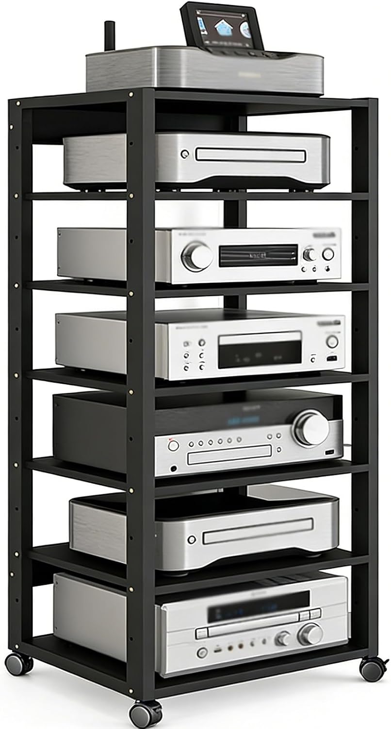 YLLFFLL Black Audio Component Rack Tower Media Stereo Stand Equipment Shelf, 3/4/5/6/7 Tier Media Storage Cabinet with Adjustable Shelf, HiFi Units Furniture(7 Layer)