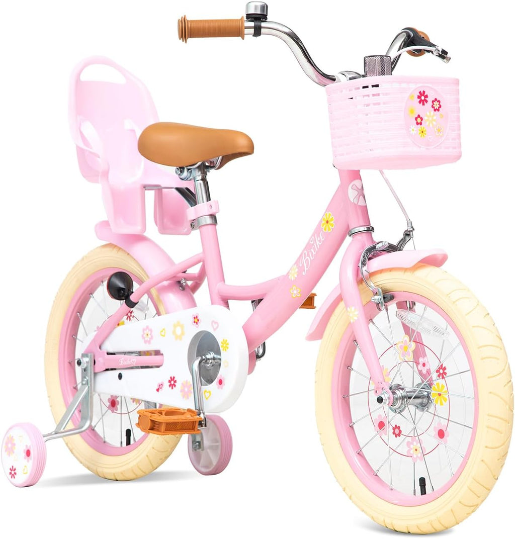 Bixike Girls Bike with Basket for Toddlers and Kids Aged 3-14 Years Old, 12 14 16 18 Inch with Training Wheels & Doll Seat, 20 Inch with Kickstand & Rear Rack, Princess Style Bicycle for Gift.