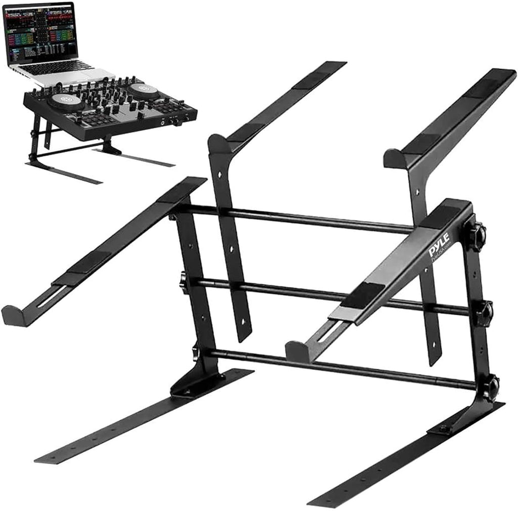 Pyle Portable Dual Laptop Stand - Standing Table with Adjustable Height, Ergonomic Design & Anti-Slip Prongs for DJ Mixer, Sound Equipment, Workstation, Gaming & Home Use - PLPTS38, Black (Pack of 6)