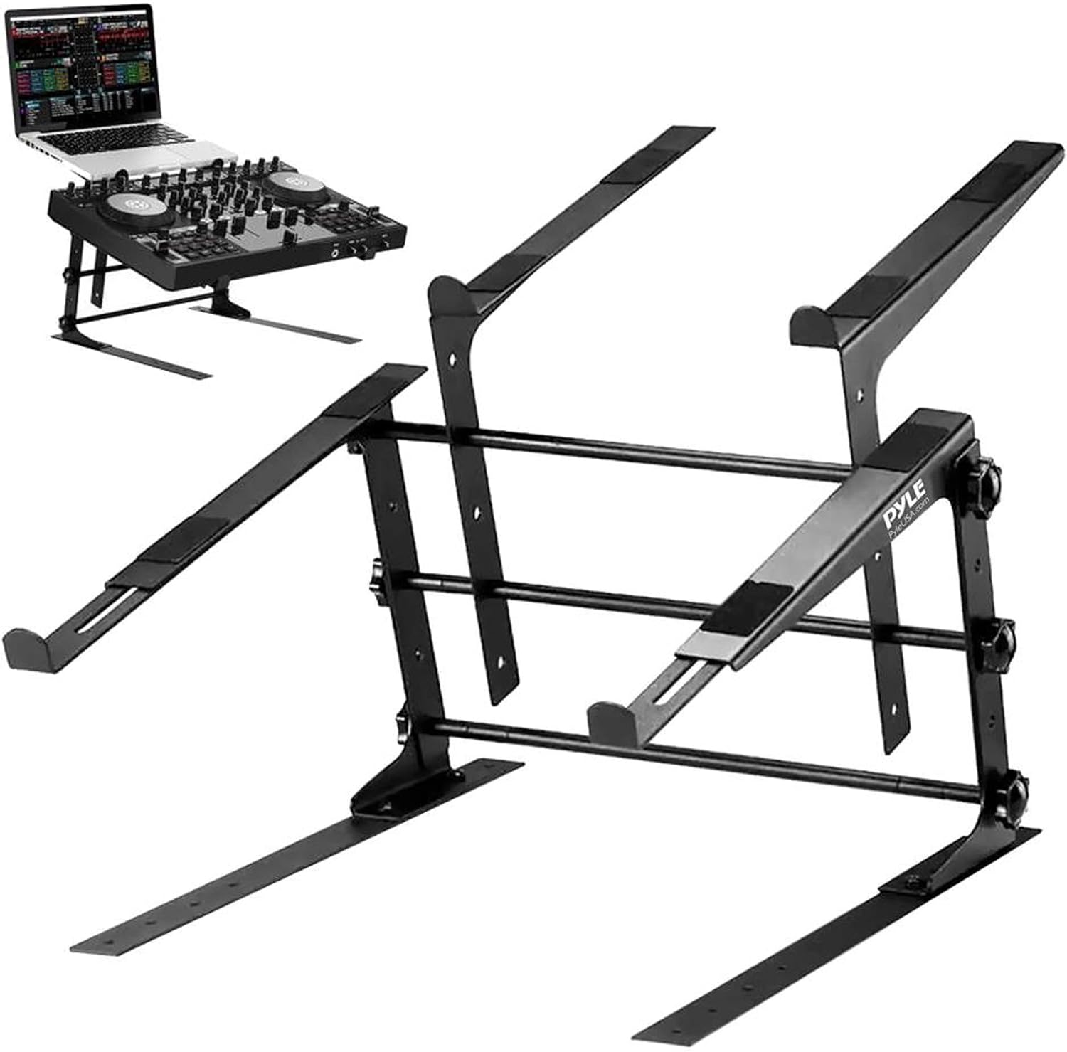 Pyle Portable Dual Laptop Stand - Standing Table with Adjustable Height, Ergonomic Design & Anti-Slip Prongs for DJ Mixer, Sound Equipment, Workstation, Gaming & Home Use - PLPTS38, Black (Pack of 6)