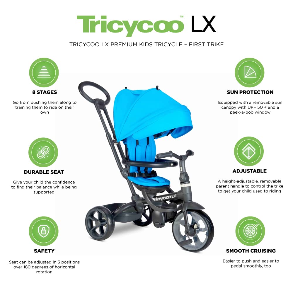 Joovy Tricycoo LX Premium Kids Tricycle with 8 Stages Featuring Chunky Front Tire, Removable and Adjustable Parent Handle, Safety Harness, Machine-Washable Seat Pad, and Retractable Canopy, Glacier