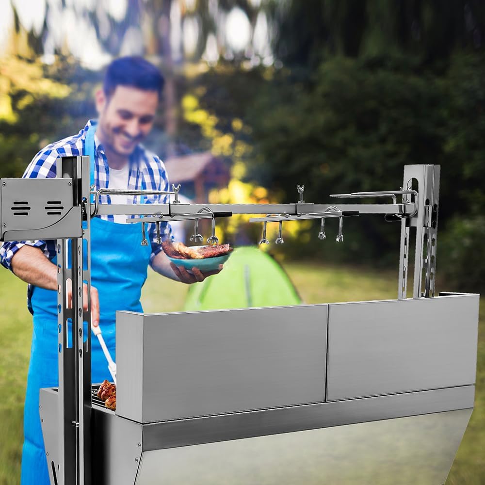 Rotisserie Grill Roaster with Back Cover Guard, 25W Motor Small Pig Lamb Rotisserie Roaster, 48.7 Inch Stainless Steel Charcoal Rotisserie Grill for Camping Outdoor BBQ Silver