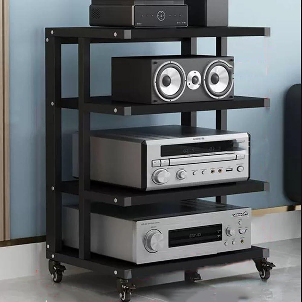 6-Tier Black Av Shelf Rack - Media Stand with Rolling Wheels Space-Saving Corner Design Open Shelves for Home Theater Audio Equipment & Entertainment System-Black-4 Tier