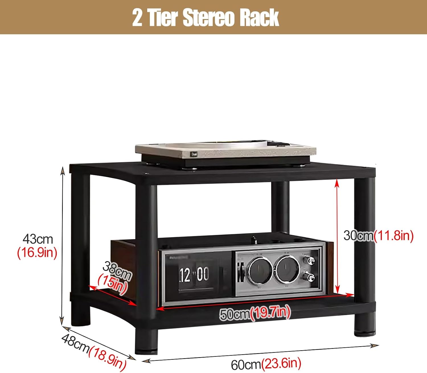 Compact Stereo Stand for Small Spaces - 2-Tier Wooden & Metal AV Component Media Rack, Heavy Duty Audio Equipment Cabinet for Living Room & Bedroom