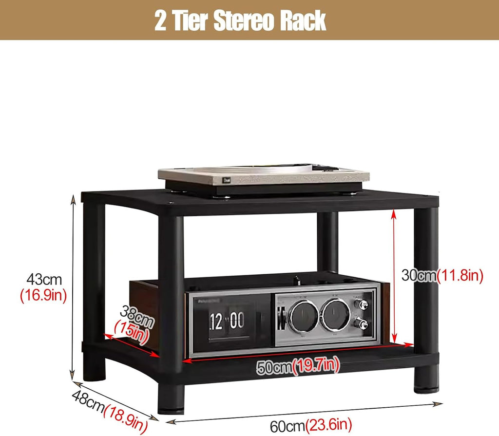 Black 2-Tier Wooden & Metal Stereo Stand for Small Spaces, Living Room, Bedroom - Heavy Duty AV Media Rack, Audio Equipment Cabinet, Compact Entertainment Furniture