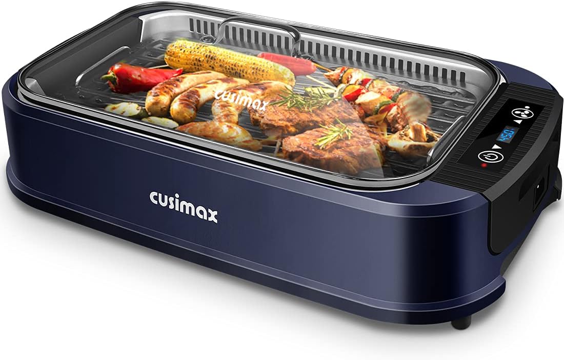 Indoor Grill CUSIMAX Electric Smokeless Grill Portable Korean BBQ with Turbo Smoke Extractor Technology, Non-stick Removable Plate, Tempered Glass Lid, Great for Party(Single Plate)