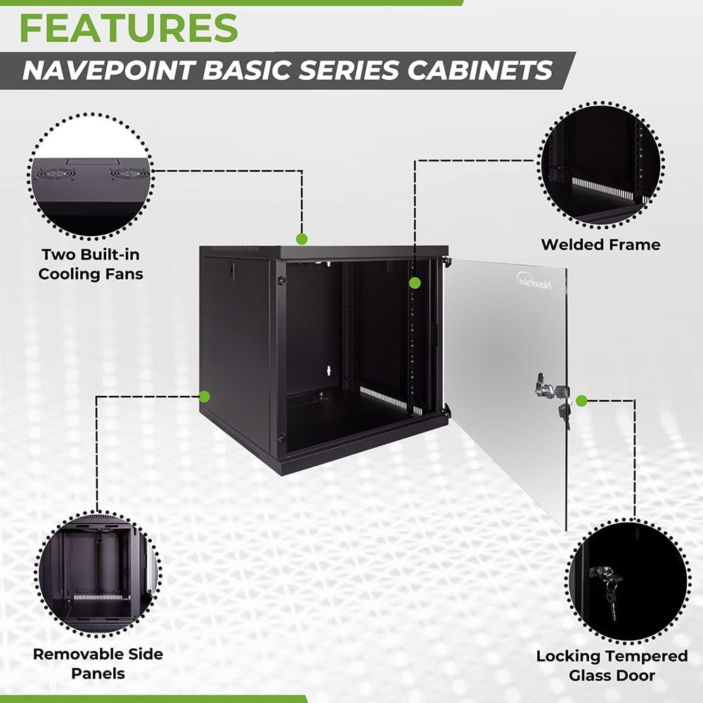 NavePoint 9U Wall Mount Network Cabinet for 19' IT Equipment with Lockable Glass Door & Removable Side Panels, 2 Fans, 17.7' Deep, Pre-Assembled