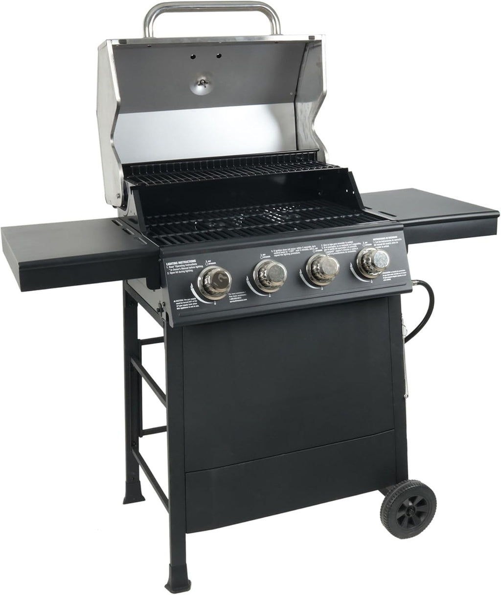 Grill Boss 4-Burner Outdoor Propane Gas Grill with Side Shelves, Stainless Steel Lid, Push Ignition, Warming Rack, Wheels, Black