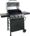Grill Boss 4-Burner Outdoor Propane Gas Grill with Side Shelves, Stainless Steel Lid, Push Ignition, Warming Rack, Wheels, Black